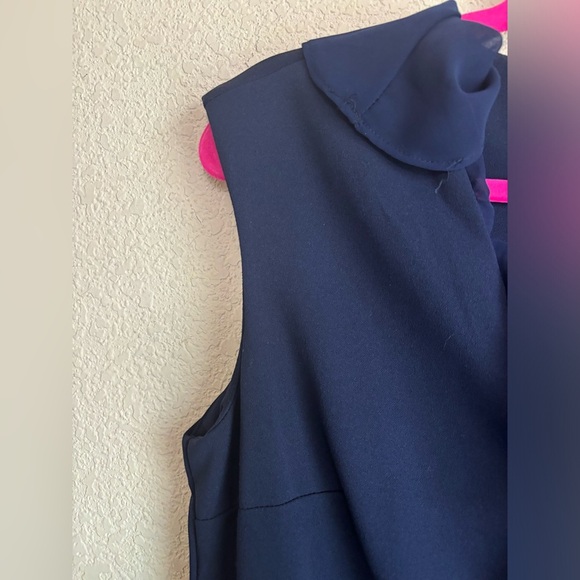 NWT Shelby & Palmer Navy Blue Ruffle Front Chiffon Midi Sheath Dress 12 - Picture 3 of 6